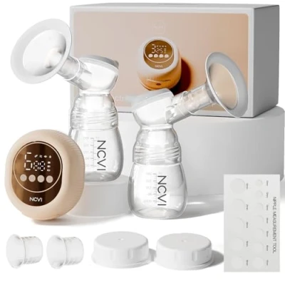 Image of NCVI Electric Breast Pump 8128, Double Milk 4 Modes 9 Levels, Rechargeable Breastfeeding with LED Display, Anti Backflow, 21/24mm Flanges