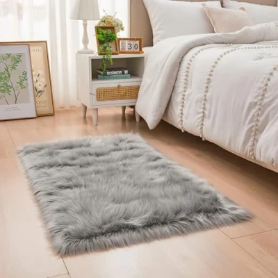 Image of YIHAIC Faux Sheepskin Rug Fur Fluffy and Soft Area for Bedroom Rooms Decor, Shaggy Rugs Cozy Home Feel (Grey, 60 x 90cm)