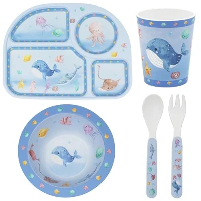 Image of Lesser &amp; Pavey 4 Piece Baby Dinner Set Bowl, Fork, Spoon, Plate and Cup Farm, Mermaid, Safari, Sea Life or Space Fun Designs (Sea Life)
