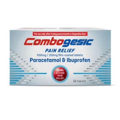 Image of Combogesic Pain Relief Paracetamol 500 mg and Ibuprofen 150 mg, for Headache, Migraine, Period pain, Back Toothache Pack of 16 tablets