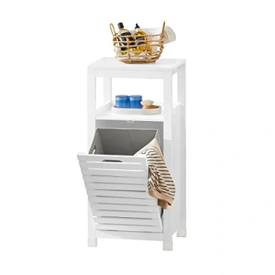 Image of SoBuy BZR67 W, Bathroom Laundry Basket Cabinet Storage with Slatted Door and Shelf