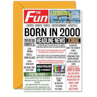 Image of 24th Birthday Cards for Women Men Born In 2000 Newspaper Happy 24 Card Daughter Son Cousin Vintage Retro Back 2000, A5 Twenty Four Fourth Bday Greeting