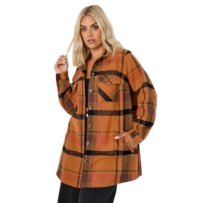 Image of Yours Curve Rust Check Shacket Women&#039;s Plus Size Orange