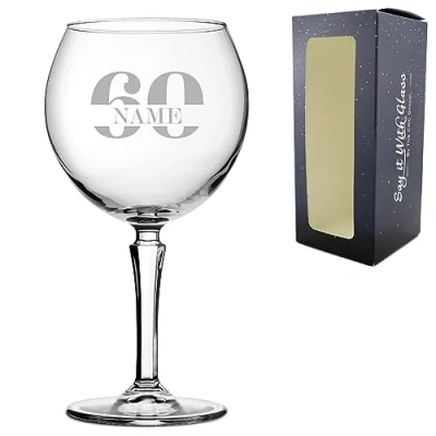Image of Personalised Engraved Hudson Gin Balloon Cocktail Glass with Name in 60 Design, Personalise Any Name, Gift Box Included, Laser Engraved, 60th Birthday