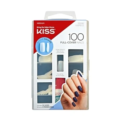 Image of KISS 200 Full Cover Manicure Kit, Medium Length Active Square Fake Nails, Longer Lasting, 10 Sizes with Maximum Speed Nail Glue