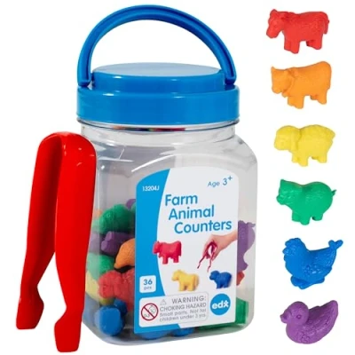Image of edxeducation Farm Animal Counters Mini Jar Set of 36 Learn Counting, Colours, Sorting and Sequencing Early Years Maths Resource