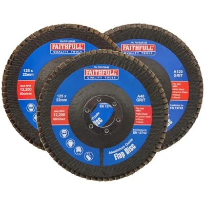 Image of Faithfull FAIFD125AM3 125mm Flap Disc Aluminium Oxide Set 40/80/120 Mix Grit, Angle Grinder Discs for Sanding Steel, Wood, Alloys 3PCS