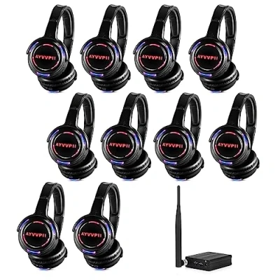 Image of AYVVPII Rechargeable Wireless Silent Disco Headphones RF LED Flashing Light Headset 10pcs Bundle and 1 Transmitter 500m Distance
