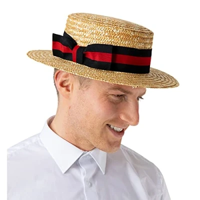 Image of Wicked Costumes Adult Classic Straw Boater Hat with Black/Red Band