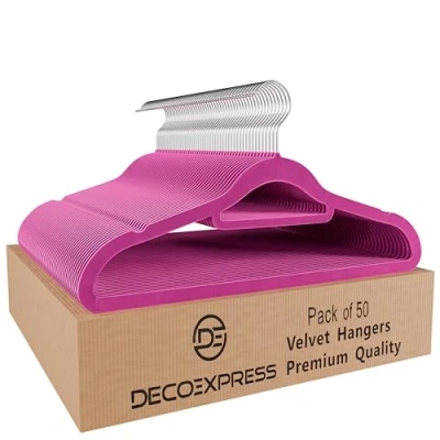 Image of Deco Express Velvet Hangers, Space Saving Non Slip Coat Hangers for Clothes Multipack (Pink, 50 Pack)