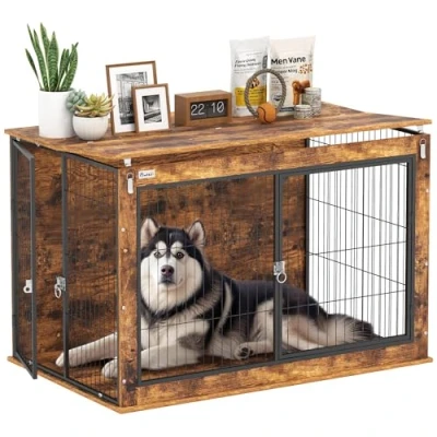 Image of PawHut Dog Crate Furniture, Cage End Table with Flip up Opening Top, 2 Lockable Doors, for Large Dogs, 118 x 75 77cm, Rustic Brown