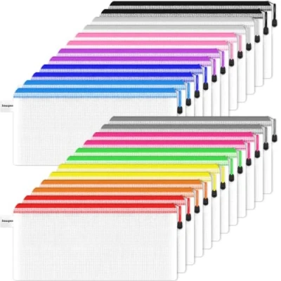 Image of Smarpau A6 Mesh Document Bag,24 PCS Clear Pencil Case Multipack Plastic Zip Wallets Folder File Zipper Bags Folders Ziplock Storage Pouch for School, Home, Office and Travel(12 Colours)