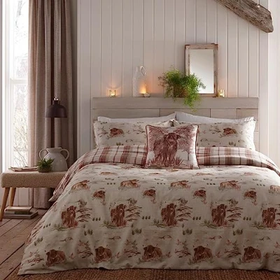 Image of Dreams &amp; Drapes Highland Cow Duvet Cover Double Bedding Size (200 x 200cm) Soft 100% Brushed Cotton Red Checkered with Cows in Terracotta Woodland