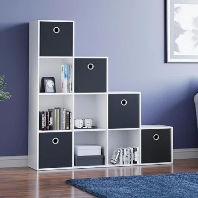 Image of Vida Designs Durham Staircase Bookcase Shelves Storage Organiser Living Room Furniture (10 Cube &amp; 5 Black Baskets, White)
