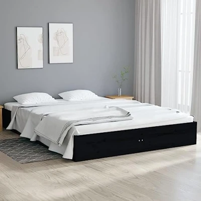 Image of vidaXL Bed Frame, 120x190 cm Small Double Size, Solid Pine Wood Construction, Modern and Stable Black Frame with Sturdy Plywood Slats, Easy to Assemble