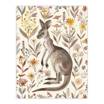 Image of Artery8 Cute Kangaroo with Wildflowers Bright Folk Art Living Room Large Wall Poster Print Thick Paper 18X24 Inch