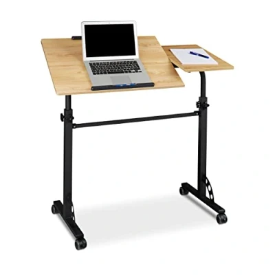 Image of Relaxdays XXL Laptop Table Height Adjustable, 110 x 100 50 cm, Wood, Mobile Lecturn, Wheels with Brakes, Notebooks, Projecters, Laptops, 2 Surfaces, Oak Yellow