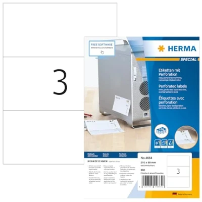 Image of HERMA Self Adhesive Perforated Labels, 3 Labels per A4 Sheet, 100 Sheets, 210 x 99 mm, 300 Blank Stickers, Sticky with Micro Perforation for Laser &amp; Inkjet Printer, White