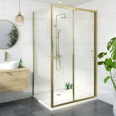 Image of Luxura® 1200 x 900mm Sliding Shower Enclosure Door Screen for Wet Room Cubicle Enclosures, 6mm Toughened Safety Glass, Framed, Reversible, Brushed Brass