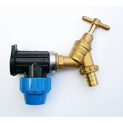 Image of MDPE Compression Wall Plate Elbow (25mm) with 3/4&quot; Brass Bib Tap &amp; Hose Tail