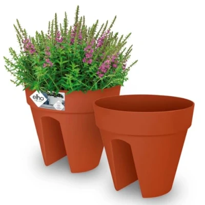 Image of Gardebruk® 2x Balcony Railing Flower Pots Sustainable Recycled Plastic Loft Urban Fence Round Planter Plant Pot Box Overflow Pipes 29x26cm Terracotta