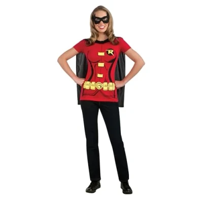 Image of Rubies Official DC Comic Supergirl and Robin T shirt Set, Ladie&#039;s Instant Costume Bundle Kit &amp; Attached Cape Bundle, Adult Super Hero Fancy Dress Up, Size Small