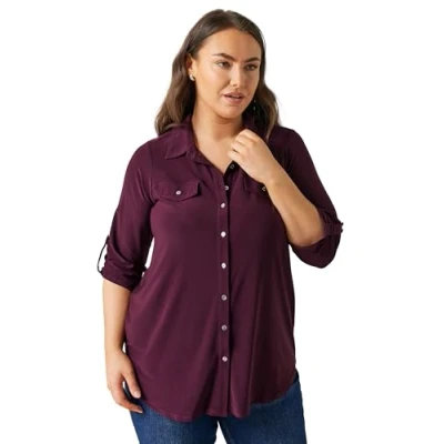 Image of EVANS Curve Burgundy Tab Sleeve Blouse Women&#039;s Plus Size