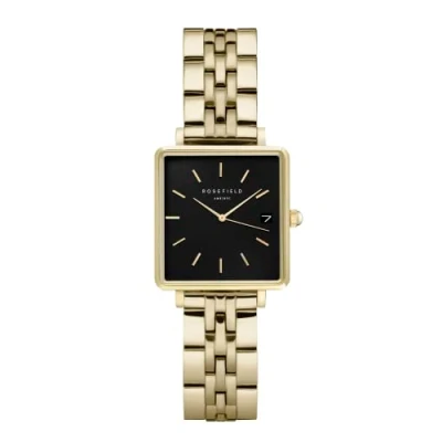 Image of Rosefield Women&#039;s Watch The Boxy XS Gold Square Case Black Dial &amp; Steel Strap QMBG Q025