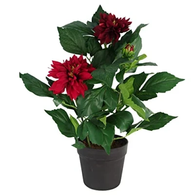 Image of Leaf Design UK Realistic Artificial Flower Plant Tree, Dhalia Red, 50cm