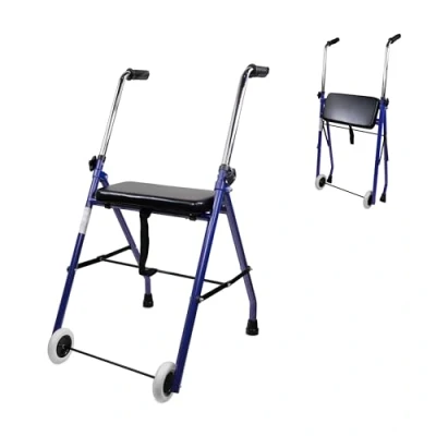 Image of Mobiclinic®, Emérita Model, Walker with 2 Wheels, Folding Walking Frame for Adults and Seniors, Steel, Height Adjustable, Padded Seat, Blue