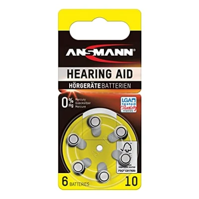 Image of Ansmann 5013223 Hearing Aid Batteries [Pack of 6 Cells] Size 10 Yellow Zinc Air Suitable for Aids, Sound Amplifier 1.45V Mercury Free