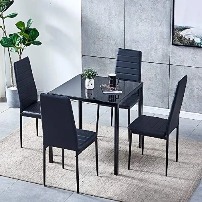 Image of QIHANG UK 5 Pcs Dining Table Chair Set, Black Glass and Set of 4 Faux Leather Chairs for Living Room, Modern Kitchen (4 Chairs+Square Table)
