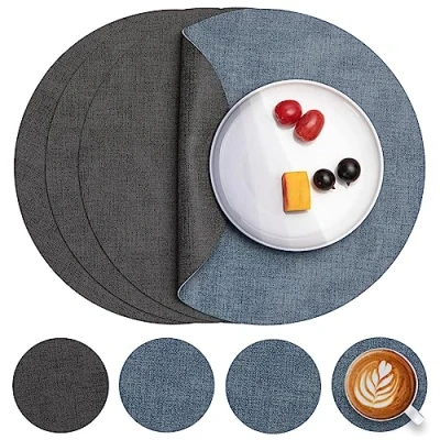 Image of Myir JUN Leather Placemats and Coaster Set of 4, Table Mats Round Waterproof Dual Sided Kitchen Place Coffee Heat Resistant Placemat Non Slip Washable (set Grey Light Blue)