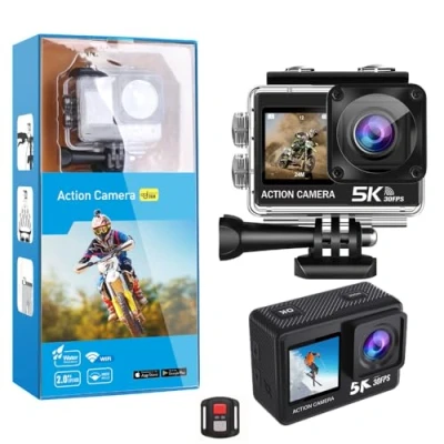 Image of BSLVWG Action Camera, Native 5K 30FPS 20MP,30M Waterproof Underwater Camera,2Big Touchscreen,EIS, External Mic,Vlog Camera,Remote Control and Helmet Accessories Kit