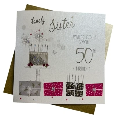 Image of white cotton cards Pink Present, Lovely Sister 50 Wishing You A Special Handmade 50th Birthday Card, White, WB190