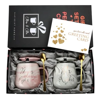 Image of Mr Right and Mrs Always Couples Coffee Mugs Cups Gifts Set for Engagement Wedding Bridal Shower Bride Groom to Be Newlyweds Anniversary Ceramic Marble 13 Ounce Oval