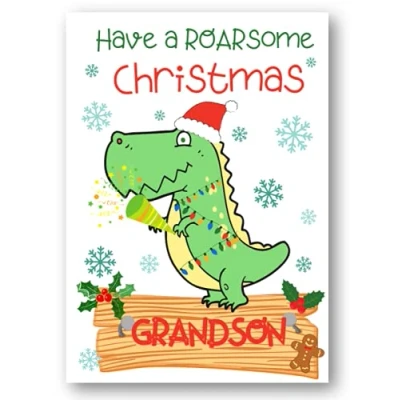 Image of Second Ave Grandson Dinosaur Children&#039;s Kids Christmas Xmas Holiday Festive Greetings Card