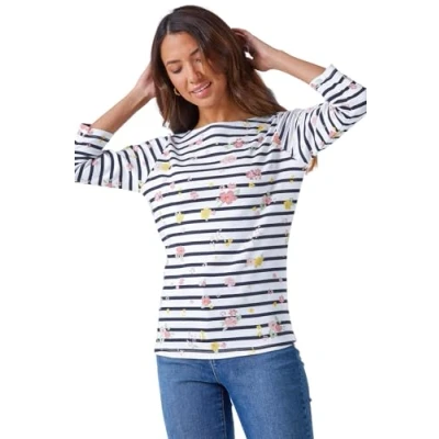 Image of Roman Womens Floral Print 3/4 Sleeve Stripe Top Ivory Size 12 UK