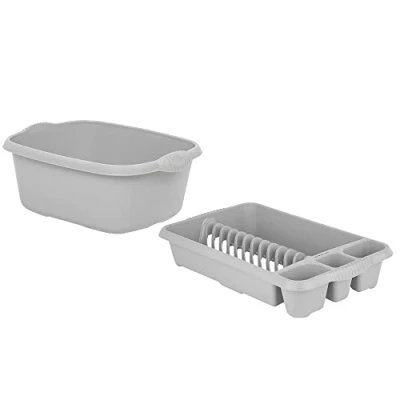 Image of M1SS Combination of Soft Grey 39cm Rectangular Washing up Bowl with Medium Dish Drainer Plate Rack Draining Board Tray Stand Sink Holder Kitchen Organiser