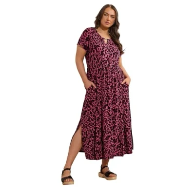 Image of EVANS Curve Leopard Print Metal Trim Midaxi Dress Women&#039;s Plus Size Pink
