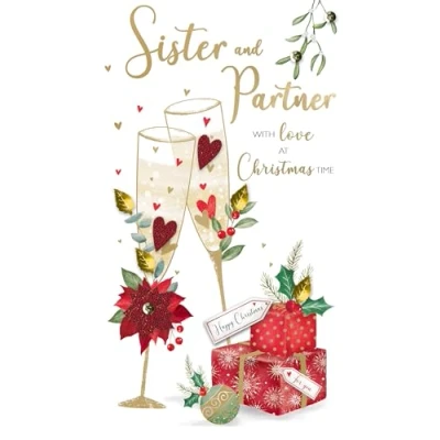 Image of Sister &amp; Partner Cheers Embellished Christmas Card Hand Finished Champagne Cards XCDC432