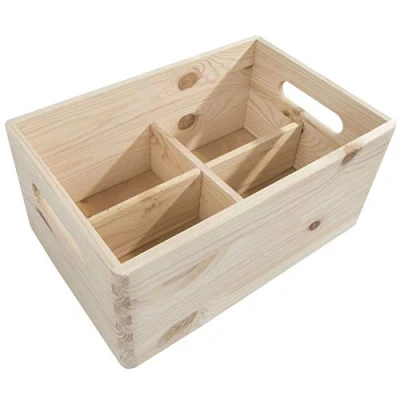 Image of Wooden Open Storage Box with 4 Compartments 30 x 20 13 cm Unpainted &amp; Untreated Decorative Pine Removable Dividers Non lidded Trunk Crate Keepsake Tool Toy Container Organiser