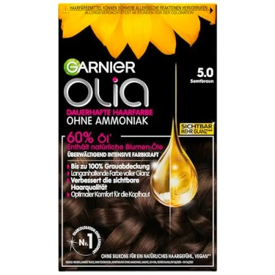 Image of Garnier Olia Permanent Hair Colour without Ammonia, with Nourishing and Natural Oils, Full Grey Coverage, Colouration, No. 5.0 Velvet Brown, 3 x 1 Piece