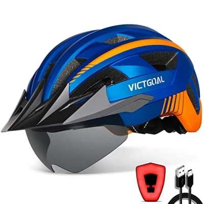 Image of Victgoal Bike Helmet with USB Rechargeable LED Light Removable Magnetic Goggles Visor Breathable MTB Mountain Bicycle for Unisex Men Women Adjustable Cycle Helmets (M: 54 58 cm, Blue)