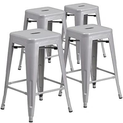 Image of Flash Furniture Commercial Grade 4 Pack 24&quot; High Backless Metal Indoor Outdoor Counter Height Stool with Square Seat, Plastic, Galvanized Steel, Silver, Set of