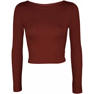 Image of Womens Crop Long Sleeve T Shirt Ladies Short Plain Round Neck Top Fitness Workout Running Shirts Cropped Tops (Wine UK 12 14)