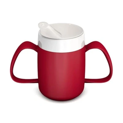 Image of Ornamin Two Handled Mug with Internal Cone 140 ml Red Spouted Lid small opening (model 815 + 806) drinking aid