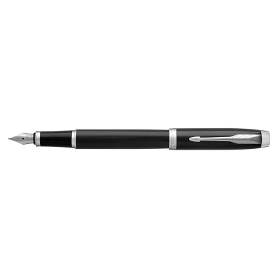 Image of Parker IM Fountain Pen Black Lacquer with Chrome Trim Medium Nib Blue Ink Refill Gift Box