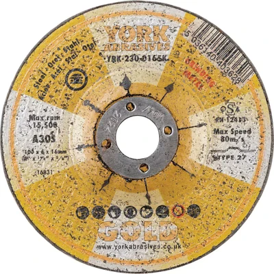 Image of York Abrasives Gold 100 X 6 16MM A30 S Reinforce Grinding Discs for Metal Type 27 Depressed Centre (DPC)