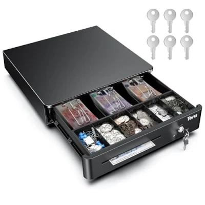 Image of Tera Cash Register Drawer Box with 3 Bill 6 Coin Tray for Point of Sale (POS) System, Removable Compartment, 12V, RJ12 Key Lock, Media Slot Stores, Shops and Businesses, 330R